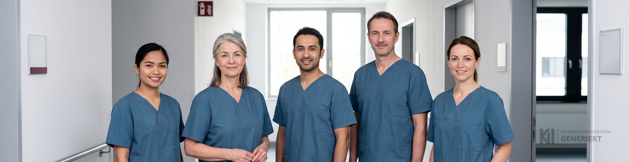 Ein Pflege- und Behandlungsteam im Krankenhaus steht nebeneinander auf dem Stationsflur.