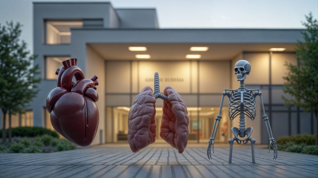 Herz, Lunge und Skelett vor einem Klinikgebäude – Sinnbild für eine organorientierte Gliederung des Krankenhauses.